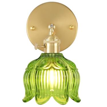 Imagem de FFVU Arandelas De Parede Vintage, Luminária Com Abajur Flores, 3 Temperaturas Cor, Fio Para Cabeceira, Banheiro, Porta Do Quarto (Verde-Flor, 1 Luz Fio)