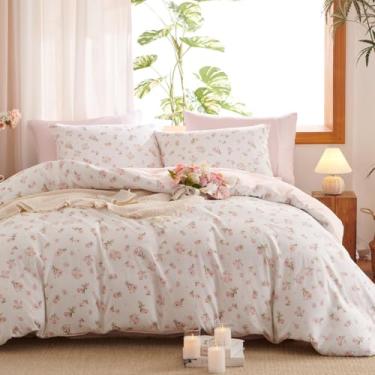 Imagem de Erwinmu Conjunto de edredom floral, 2 peças, rosa, branco, estampa reversível, cama de solteiro em um saco com flores, edredom e 1 fronha