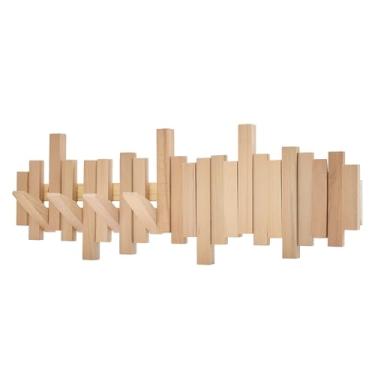 Imagem de Cabide de piano montado na parede de madeira natural | Casaco montado | Gancho de parede dobrável 8 ganchos | Ganchos de arte de entrada em nogueira (cor madeira, 8)