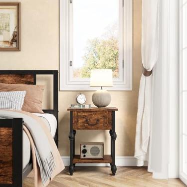 Imagem de GAOMON Mesa de extremidade, mesa lateral industrial com gaveta e prateleira de armazenamento, mesa de cabeceira com moldura de metal com tampo de madeira, mesa de console com economia de espaço para