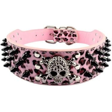 Imagem de haoyueer Coleira cravejada para cães - Coleiras de couro elegantes para cães - 5 cm de largura para cães médios e grandes - Pitbull Mastim Labrador Boxer Rottweiler Pastor Alemão (GG, Leopardo)
