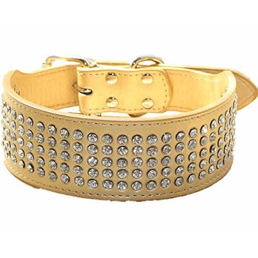 Imagem de Coleiras para cachorro com strass haoyueer 5 cm de largura 5 fileiras de diamantes de cristal brilhantes brilhantes brilhantes elegantes de couro PU chique para cães de médio e grande porte (dourado, M)