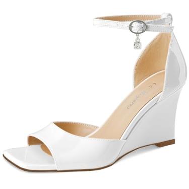 Imagem de Oh Mispares Sandálias femininas de salto alto preto com bico quadrado com tira no tornozelo 8,5 cm elegantes para noivas, Branco, 35