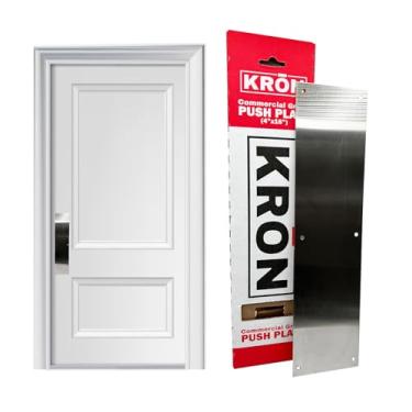 Imagem de KRON - Placa de pressão de porta, placa de metal de 10 x 40 cm com parafusos para portas de madeira ou metal, proteção de porta com furos pré-perfurados e parafusos de grau comercial - Aço inoxidável