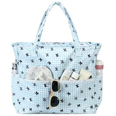 Imagem de LEDAOU Bolsa feminina grande para praia, impermeável, à prova de areia, com zíper, para piscina, academia, mercearia, viagem, com bolso molhado, Grade azul e branca, Large