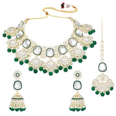 Imagem de Aheli Colar de gargantilha étnica kundan banhado a ouro brincos Maangtikka conjunto de joias extravagantes tradicionais presente para mulheres, One Size, Metal, Sem Pedra Preciosa
