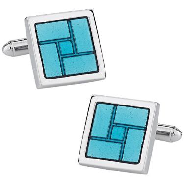 Imagem de Abotoaduras de prata quadrada esmaltada reflexiva azul céu exclusivo Cuff-Daddy com caixa de apresentação