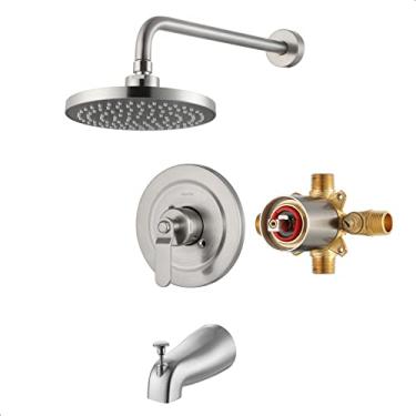 Imagem de NEWATER Conjunto de torneira de chuveiro com bico de banheira, kit de banheira de chuveiro (válvula incluída) com chuveiro de 20,3 cm, conjunto de chuveiro montado na parede, sistema de equilíbrio de pressão de alça única, níquel escovado