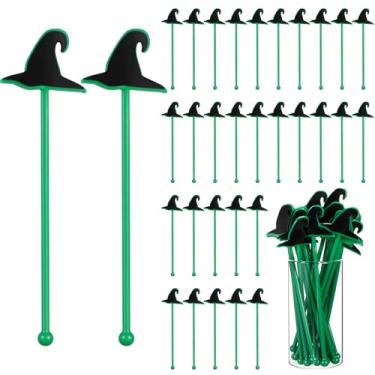 Imagem de Honeydak 30 Pcs Witch Party Supplies Pink and Green Plastic Swizzle Sticks for Wizard Party Favors 6 Inch Cocktails Coffee Drink Stirrers for Witch Themed Birthday Decoration(Wizard Hat)