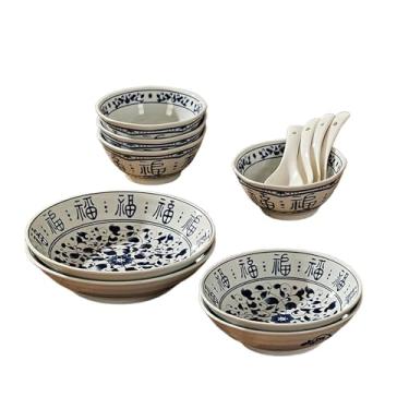 Imagem de Pratos Fuzi azuis e brancos de cor sólida chinesa, simples e requintados, resistentes a altas temperaturas - (5 tigelas) conjunto de 16 para 4 pessoas.