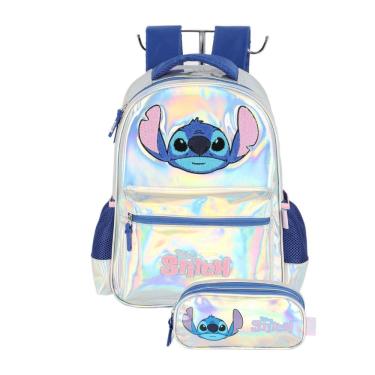Imagem de Mochila Costas Stitch Com Estojo Triplo Escolar Holográfico