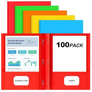 Imagem de HABGP Pacote com 100 pastas de dois bolsos com pinos, pastas de papel com bolsos e porta-cartões de visita, pastas com bolso tamanho carta, papéis de organização na escola, escritório e negócios