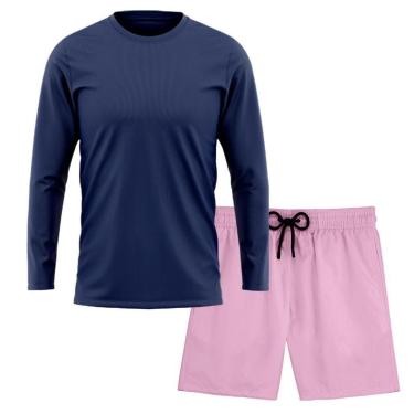 Imagem de Kit Short Praia Academia Passeio Treino Rosa + Manga Longa Masculina Segunda Pele Dry-Masculino
