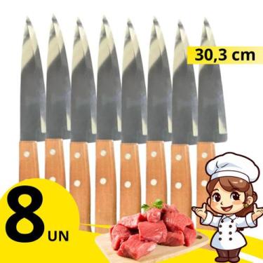 Imagem de Kit com 4 Facas Inox 30,3cm Cabo Madeira Rústico Ideal para Cozinha e 