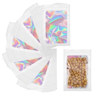 Imagem de Svaldo Sacos de embalagem holográfica, pacote com 100, saco ziplock branco para amostra, joias, pulseira, brilho labial, embalagem de doces, armazenamento de alimentos, 14,5 x 20,5 cm, 3 mil