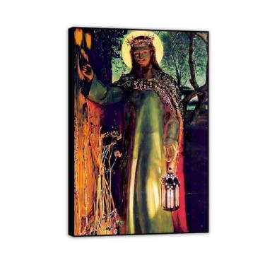 Imagem de William Holman Hunt Arte de parede em tela A Luz do Mundo Impressão Imagens de Jesus Igreja Decoração Poster Quarto Hotel Decoração de Casa 75 x 50 cm (30 x 20 pol) Preto emoldurado
