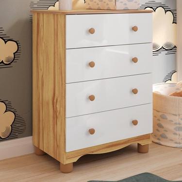 Imagem de Cômoda Infantil Júnior New 4 Gavetas Branco Brilho/amêndoa - Móveis Peroba
