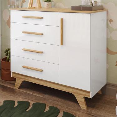 Imagem de Cômoda Infantil Retrô 1 Porta E 4 Gavetas Branco Brilho/amêndoa - Móveis Peroba