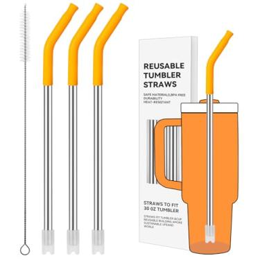 Imagem de Prurex Canudos de metal reutilizáveis com ponta de silicone para Stanley 850 g, canudos de aço inoxidável para copo de 850 g, 3 tubos retos e 6 pontas e 1 escova Cleanr (Goldenrod)