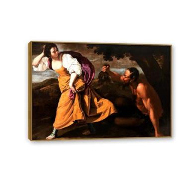 Imagem de Pôster Artemisia Gentileschi Corisca and the Satyr Print on Canvas Wall Art Reproduções de pinturas famosas para sala de estar quarto decoração de parede 70 x 50 cm (28 x 20 polegadas) moldura dourada