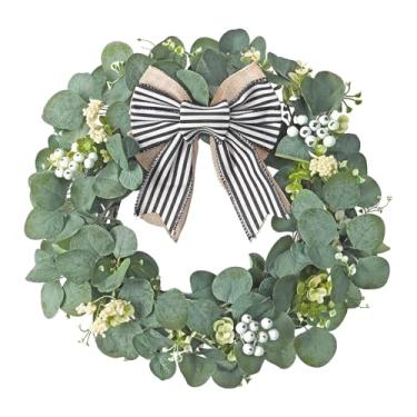 Imagem de Dremisland Guirlanda de eucalipto artificial de 45,7 cm com laço listrado para porta de vegetação para porta da frente, exterior, quinta, pátio, verão, outono, inverno, todas as estações, decoração de