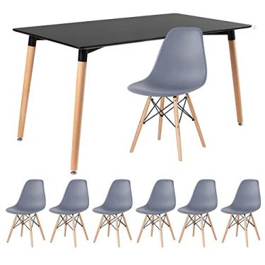 Imagem de Loft7, Kit - Mesa de jantar retangular Eames 80 x 140 cm preto + 6 cadeiras Eiffel Dsw Cinza escuro