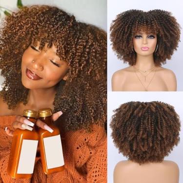 Imagem de Marshey Peruca cacheada afro com franja cacheada para mulheres negras, peruca encaracolada com bomba afro de alta densidade, cabelo sintético fofo, sem cola, cabelo encaracolado crespo para uso diário