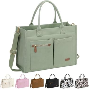 Imagem de ELONGRIVER Bolsa de lona para mulheres, bolsas grandes de trabalho com compartimentos, bolsa transversal com zíper para professores, faculdade, Verde, One Size
