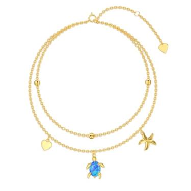Imagem de Tornozeleira feminina de tartaruga marinha em ouro maciço 14 quilates, ouro real, opala azul, tartaruga, verão, praia, pé, joias, presentes para esposa, mãe, Natal, aniversário, 20 cm + 5 cm, Small