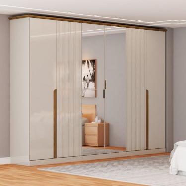 Imagem de Guarda-Roupa Casal Rio com Espelho 6 Portas 6 Gavetas Off White/Natural - Pm
