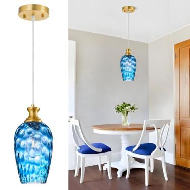 Imagem de LBSQJ Luzes pendentes de vidro ilha de cozinha 1 pacote 15 cm luz pendente de vidro martelado azul dourado iluminação pendente de cozinha sobre a pia quarto moderno sala de jantar luminária pendurada