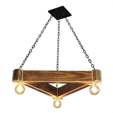 Imagem de Lustre Pendente Rústico Triangular Madeira Maciça 3 Bocais - Luminária de Teto Grande (70cm) com Sisal para Mesa de Jantar e Quiosque - Bivolt E27