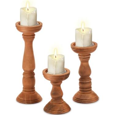 Imagem de 3 peças de castiçais de madeira de fazenda, suporte de vela rústico vintage pilar, centro de mesa de fazenda para decoração de festa de casamento em casa, 30 cm, 23 cm, 15 cm, suporte de velas altas