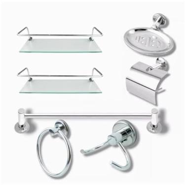 Imagem de Kit Acessórios para Banheiro, Alumínio e Vidro, 5 Peças, Design Compacto, Porta Shampoo, Toalheiro, Saboneteira, Porta Papel, Argola, Acabamento Cromado