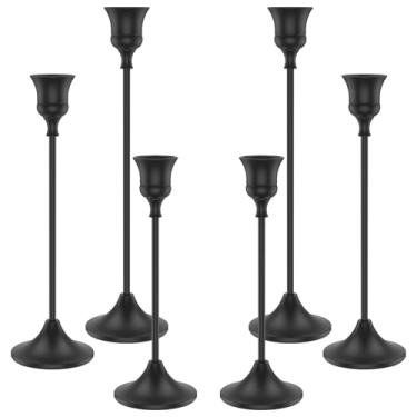 Imagem de 6 peças de castiçais de metal, castiçais de metal cônicos, conjunto longo de adesivos de vela vintage de metal, peça central decorativa candelabro de vela alta para Dia das Bruxas e Ação de Graças