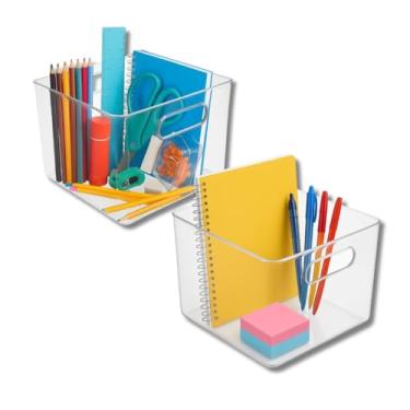 Imagem de Kit com 2 Organizadores Pequenos Multiuso com alça, 15x15cm, em Acrílico Transparente | Caixa Organizadora pequena para Cozinha, Escritório, Banheiro, Despensa, Escritório e Material escolar