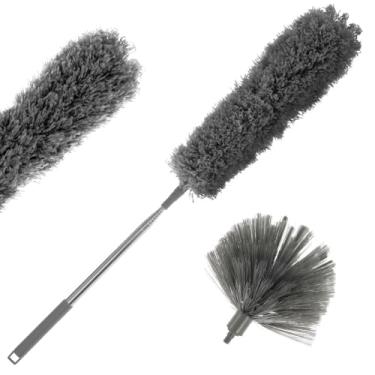 Imagem de Espanador de teia de aranha com haste de extensão de 84 polegadas, kit de espanador de teto substituível, limpador de espanador de penas de microfibra dobrável, kit de limpeza de escova de teia de