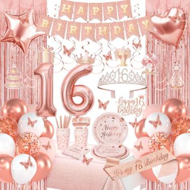 Imagem de Decorações de aniversário de 16 anos de ouro rosa, decorações de feliz aniversário de 16 anos para meninas, pacotes de festa de aniversário com faixa de ouro rosa, balões número 16, faixa, coroa