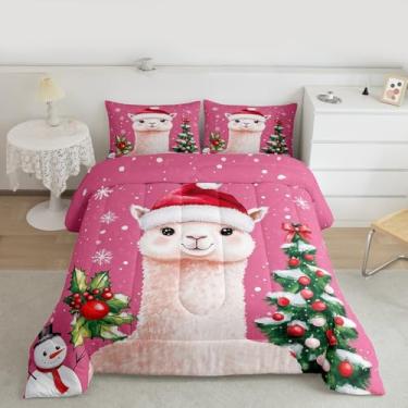 Imagem de Feelyou Conjunto de cama macio para meninos e meninas, conjunto de edredom fofo de lhama, tamanho solteiro, floco de neve, microfibra, árvore de Natal, decoração de quarto, 2 peças com 1 fronha