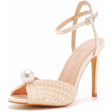 Imagem de Sandálias De Salto Alto Para Casamento Boca De Peixe, Saltos Altos Brancos De Pérola De 10,5 Cm, Sapatos De Noiva De Vestido De Festa Feminino, Off-white, 8.5 UK