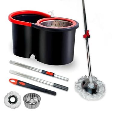 Imagem de Mop Giratorio Cabo Inox limpeza Cesto Em Inox 14 Lt -Balde Esfregão 360 Universal Original(Preto/Vermelho,9 Litros)