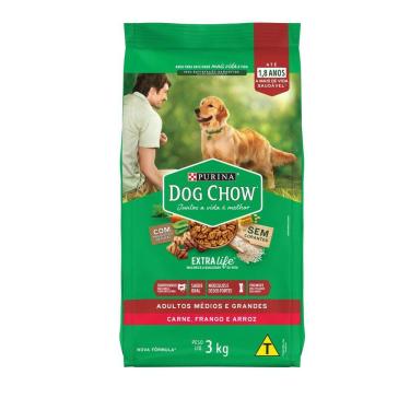 Imagem de Ração para Cães Dog Chow Extra Life Adultos Médios e Grandes Carne, Frango e Arroz 3kg