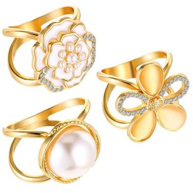 Imagem de 3 peças elegante anel de cachecol de flores para mulheres, anéis de cachecol de liga metálica e slides com strass, fivela de clipe de xale, acessórios de decoração de broche liso dourado