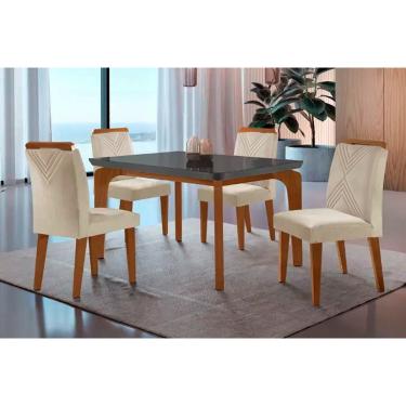 Imagem de Conjunto: Mesa de Cozinha Londrina c/ Tampo Madeirado c/ Vidro Canto Curvo 120x80cm e 4 cadeiras Amsterdã Imbuia/Grafite - Suede Creme - Rufato