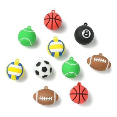 Imagem de UR URLIFEHALL 12 peças, 6 estilos, pingentes esportivos de plástico opaco, PVC, 3D, basquete, rúgbi, bola de rugby, pingentes para colar, pulseira, brincos, artesanato DIY