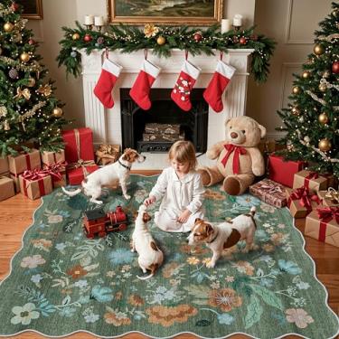 Imagem de Tapete quadrado floral para família: Tapete recortado lavável 12 x 12 cm para sala de estar quarto tapete macio resistente à água com suporte antiderrapante para cozinha, berçário, casa de fazenda