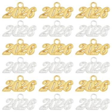 Imagem de SUNNYCLUE 40 peças 2026 pingente de borla ouro ano pingente a granel prata metal números letras graduação chapéus decoração pingente pendurado para fazer joias, artesanato, colar, pulseiras, chaveiro