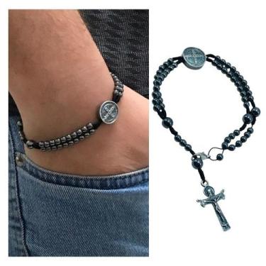 Imagem de Pulseira Terço de Pulso Medalha de São Bento Hematita 4 mm - FORNECEDO