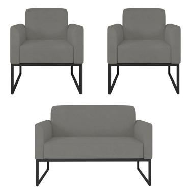 Imagem de Kit Namoradeira e 2 Poltronas Decorativas Base Industrial Preta Maressa S08 Suede Grafite - Ibiza