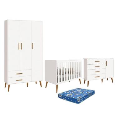 Imagem de Dormitório Infantil Isis Guarda Roupa 3 Portas, Cômoda 1 Porta e Berço Branco com Colchão - Reller Móveis